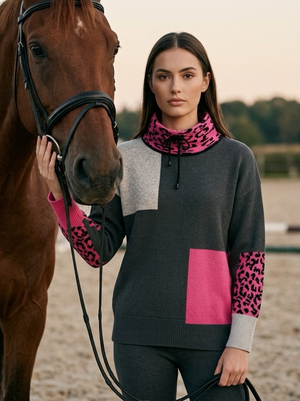 WW Women’s Colorblock Mock Neck Sweater with Pink Accents